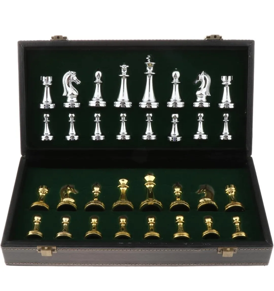 Échecs en métal massif de luxe de grande taille 14x14 pouces, échecs de haute qualité avec boîte en cuir, boîte en métal en laiton et en bois