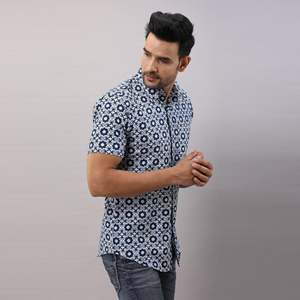 Men's Casual Blue Poplin Cotton Printed <b>Shirt</b> <b>Button</b>-Up Collar Breathable Business Dress Sizes XL to 6XL ODM Supply - Product Image 4