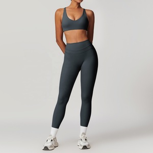 Seamless High Waist Full Length Leggings 2 Piece Set Scoop Neck Racerback Crop Top Solid Color Eco-Friendly Durable Yoga Set - Product Image 1