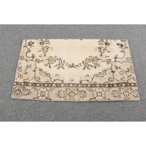 Tapis turc vintage en laine 1,5x2,6 pieds, design patchwork écologique avec envers en latex, beige brun ombré - Product Image 3