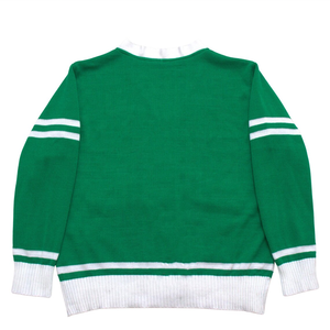 เสื้อคาร์ดิแกนถักไหมพรมแบบยูนิเซ็กซ์ สีเขียวขาว คอวี แต่งสีตัดกัน สไตล์พรีปปี้ กระดุมติดแบบคลาสสิก สไตล์วิทยาลัย - Product Image 4