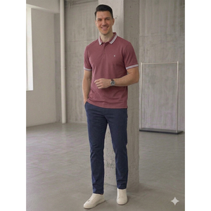 เสื้อยืดคอปกปักลายผ้าฝ้าย - สีแดงเบอร์กันดี - Product Image 1