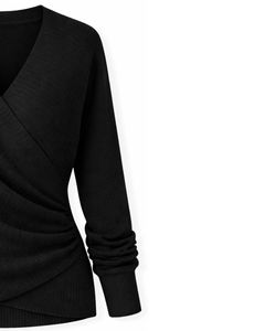 Pull en tricot noir pour femme, style enveloppant, manches longues, col en V, doux, décontracté, haut d'hiver élégant, pull tendance pour femme pour un usage quotidien - Product Image 4