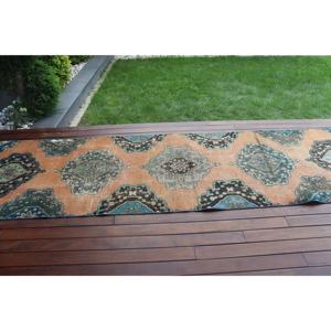 Alfombra Turca Vintage de Lana Azul, 3,2x11,5 pies (99x349 cm) - Product Image 3