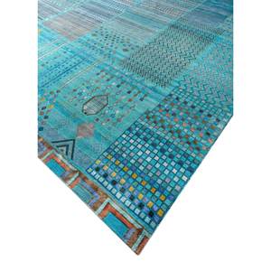 Tapis rectangulaire en laine et soie de bambou noué à la main Manchaha Blue, style puzzle patchwork, pour salon, modèle Les-1940 - Product Image 2