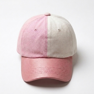 Casquette de baseball unisexe bicolore rose et blanc contrastant à 6 panneaux avec visière en cuir, chapeau décontracté et tendance - Product Image 1