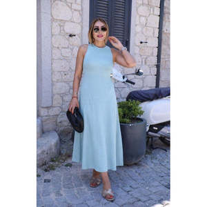 Women's Off-Shoulder Long <b>Viscose</b> <b>Dress</b> with Buckle Detail and Slit at the Back, 36722 - Blue - Product Image 3