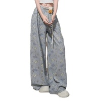 Jeans baggy pour femmes à taille haute, imprimé floral, jambe large, denim respirant, séchage rapide, tendance