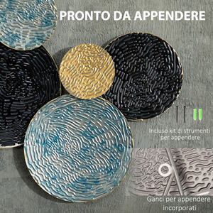 Décoration murale en métal 3D HOMCOM, art mural circulaire 133x66cm, bleu, noir et or - Product Image 5