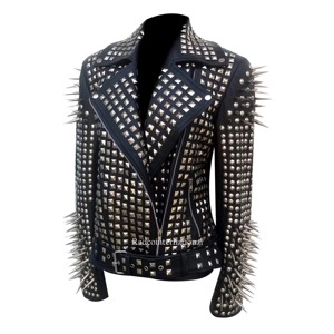 Abrigo de cuero genuino ajustado para motocicleta con pinchos de Metal para mujer, chaqueta Punk de cuero con tachuelas negras para hombre, chaquetas para hombre - Product Image 5