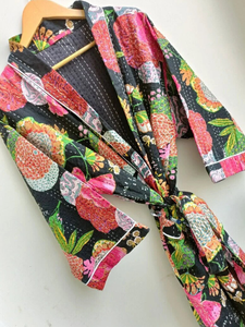 Kimono en coton matelassé Kantha fait à la main manteau de luxe Style indien imprimé de fruits vêtements de nuit thermiques Robe à cordon pour l'été gratuit - Product Image 3