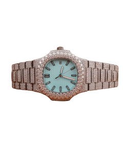 Reloj de Pulsera de Diamantes Redondos de Moissanita Hecho a Mano de Lujo para Hombre, Último Modelo con Esfera Azul, Resistente al Agua, Estilo Iced Out - Product Image 1
