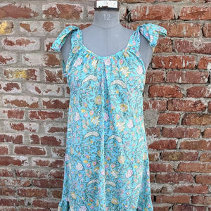 Hand Block Printed Indian Cotton Maxi <b>Dress</b> Breathable <b>Long</b> <b>Gown</b> with O-Neckline Tie Dye Woven Technique Natural Waistline - Product Image 1