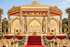 Magnifique structure de mandap de mariage de style maharaja en cristal doré, mandap de mariage luxueux en bois doré avec draperies rouges et décorations florales - Product Image 2