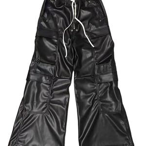 OEM Custom logo Leather Flared Pants Multi-pocket <b>Overalls</b> Unisex Trendy Loose Wide-leg Floor-length Trousers Flare Leather Pant - Product Image 1