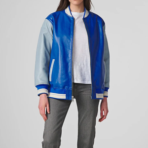 Custom Size Winter <b>Canvas</b> Varsity Jacket Full Leather Body in Varsity <b>Blue</b> Grey Sleeves Nonwoven Weaving Method - Product Image 3
