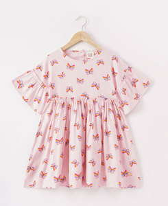 Vestido de Verano para Niñas, Estampado de Mariposas Rosadas, Manga Regular, Silueta de Playa, Mini, Lindo Lazo - Product Image 3