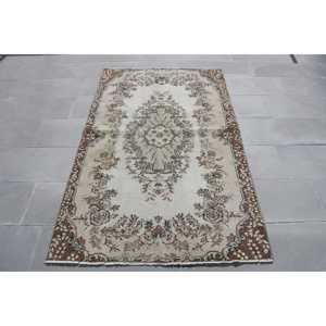 Turkish Accent Rug 3.7x6 ft, Vintage <b>Brown</b> Polka dot <b>Wool</b> Rug - Product Image 1