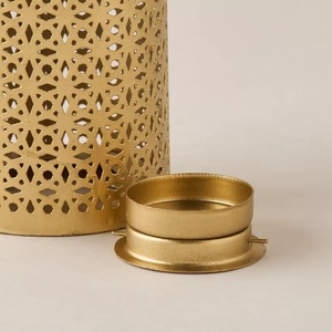 Stylish Gold <b>Metal</b> <b>Lantern</b> with Intricate Geometric Cut Design Compact Size Sturdy Handle Warm Candle Glow for Home Decor - Product Image 5