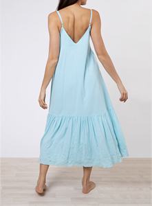 Turquoise V Neck Midi <b>Dress</b> Cut Embroidery Floral Pattern A-Line Silhouette Summer 100% Cotton Hand Crafted Cut Detail - Product Image 3