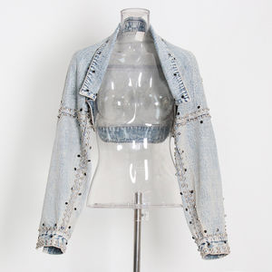 Veste en jean courte à manches longues pour femmes, streetwear décontracté, vente en gros, boléro, vêtements d'extérieur avec rivets cloutés, veste en jean courte - Product Image 6
