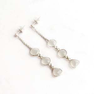 Boho Style Triple Gemstone Blanc Calcédoine Argent Plaqué Laiton Bijoux Lunette Boucle D'oreille Suspendus Lien Chaîne Oreille De Mode Boucles D'oreilles - Product Image 3