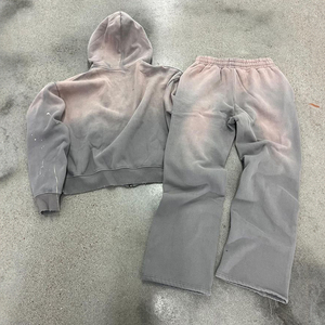 Clothing Manufacturers Custom Washed Vintage Heavyweight <b>Rips</b> Screen Print Logo Hoodie Jogger Set <b>Legging</b> Tracksuits for Men - Product Image 2