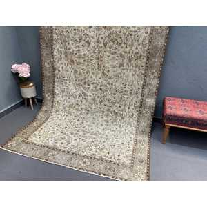 Tapis turc 5,5x8,9 pieds, grand tapis vintage, tapis en laine marron et blanc à bordures - Product Image 3