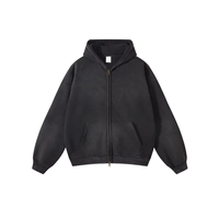 Sudadera con capucha corta de algodón de doble capa de alta calidad para invierno, de peso pesado, estilo boxy, con cremallera completa, para hombre, de felpa francesa, con lavado ácido.