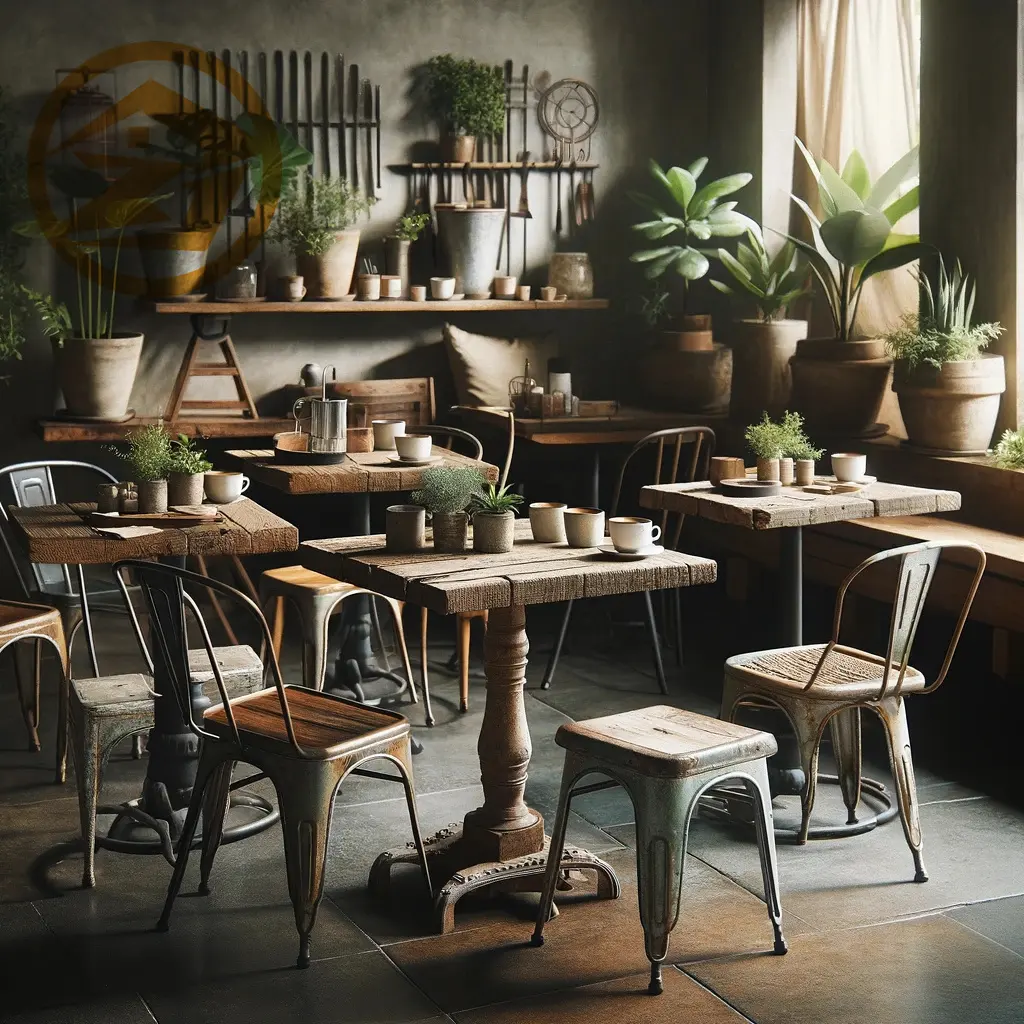 كراسي مطاعم مصنوعة من الخشب والحديد بمهارة رائعة | طاولات دائرية للاستعمال في الحفلات | تصميم عصري لغرفة الطعام