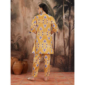 Women's Yellow Satin Chinnon Kurta with Three-Quarter Palazzos for Spring/Summer Printed <b>Tops</b> - Product Image 4