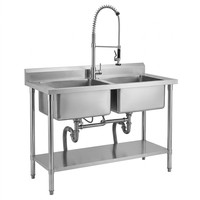 Évier de cuisine commercial autoportant à double bac en acier inoxydable avec robinet rotatif à 360 degrés pour usage en garage