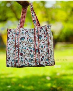 Premium Eco-friendly Cotton Quilted <b>Tote</b> Bag <b>with</b> <b>Zipper</b> & Long Shoulder Strap Soft Padded 100% Cotton Shopping Bag for Women - Product Image 3