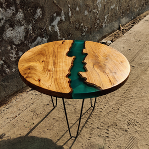 Elegante Mesa de Centro Redonda con Tapa de Madera Maciza con Borde Natural, Patas en Forma de V, Mueble Decorativo Móvil Hecho a Mano para Sala de Estar - Product Image 3