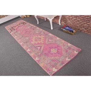 Alfombra Kilim de 3x11.1 pies, Alfombra Turca Vintage, Alfombra Rosada y Gris de Estilo Suroeste - Product Image 2