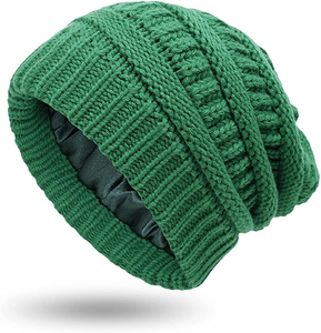 Gorro de punto cálido de Invierno para mujer Gorro de punto con cable forrado de seda satinada Gorro de calavera holgado grueso - Product Image 1