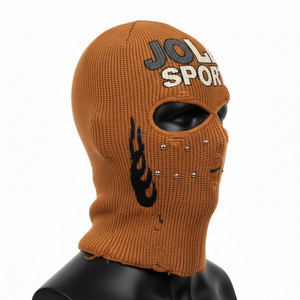 Balaclava pour homme en tissu acrylique épais à côtes, 320 GSM, marron, pour temps froid, avec logo appliqué personnalisé - Product Image 3