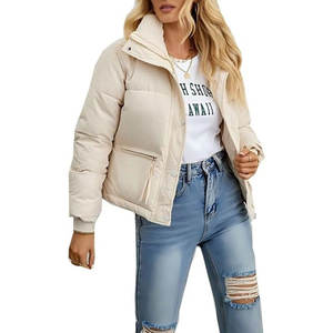 Veste matelassée courte pour femmes en gros, col montant, hiver, chaude, matelassée, tendance, beige - Product Image 1
