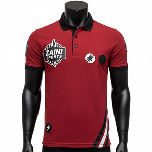 Camiseta polo para hombre, algodón poliéster piqué, 220 GSM, transpirable, rojo, negro, cuello, mangas, panel con rayas, logotipo con parche bordado personalizado - Product Image 1