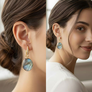 Labradorite 35 to 36 MM With Zircon Ear <b>Wire</b> Oval Shape <b>Silver</b> Bezel Gold Plated Earring - Product Image 6