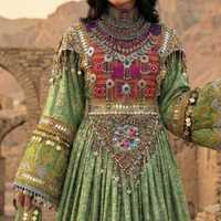 Toptan Günlük Moda Vintage Giyim Afgan Elbiseleri Çok Satan Maxi Boy Paçalı İki Parçalı İşlemeli Elbise ve Dupatta Takımı