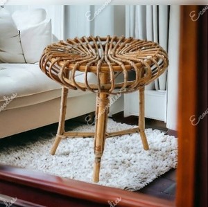 Lovely Mid-Century Modern Wicker Stool Curved Bamboo Three Straight Legs Gorgeous Round <b>Seat</b> Decorated Stool Bone Inlay Console - Product Image 4