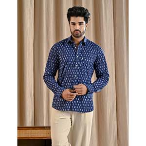 Chemise décontractée en popeline de coton bleue imprimée pour homme, chemise à manches longues pour homme, respirante, 100% coton - Product Image 1