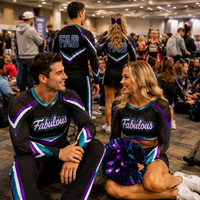 Seragam Cheerleading All Star Custom Hitam Teal Ungu Berhias Rhinestone Lengan Jala Model Silang di Punggung untuk Kompetisi
