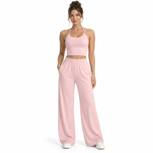 Women Crop Top <b>Wide</b> <b>Leg</b> <b>Pants</b> Two Piece Activewear Set High Waist Yoga <b>Lounge</b> OEM Private Label Wholesale - Product Image 2