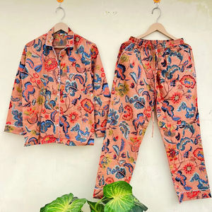 Traje de noche de algodón 100% hecho a mano indio, elegante estampado Floral, ropa de dormir informal exclusiva para ella, ODM de lujo para Otoño Invierno - Product Image 1