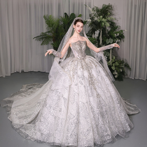 Robe de mariée Jancember GT011 élégante à col bateau, ornée de cristaux, coupe Empire, <span class=keywords><strong>avec</strong></span> traîne - Product Image 1