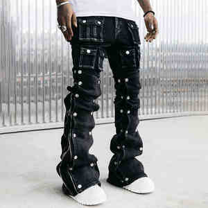 Pantalones Vaqueros Ajustados de Diseñador para Hombre, Hechos a Medida por el Fabricante, al por Mayor, de Alta Calidad, a la Moda, Negros, Estilo Motero, de Mezclilla - Product Image 4