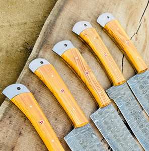 Prix de gros, couteaux de chef de haute qualité avec manches en bois, ensemble de 5 pièces avec étui en cuir, fabrication artisanale, damas 110 couches - Product Image 5