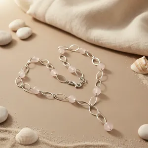 925 Silver <b>Rose</b> <b>Quartz</b> Beaded Necklace Geometric Link Chain Minimalist Women's Everyday Wear <b>Jewelry</b> - Product Image 1